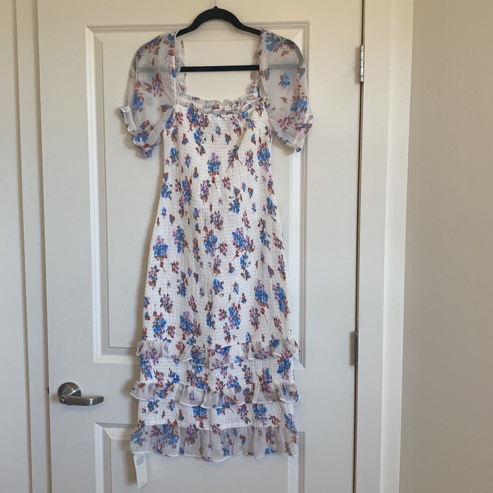 Smocked puff sleeve midi dress